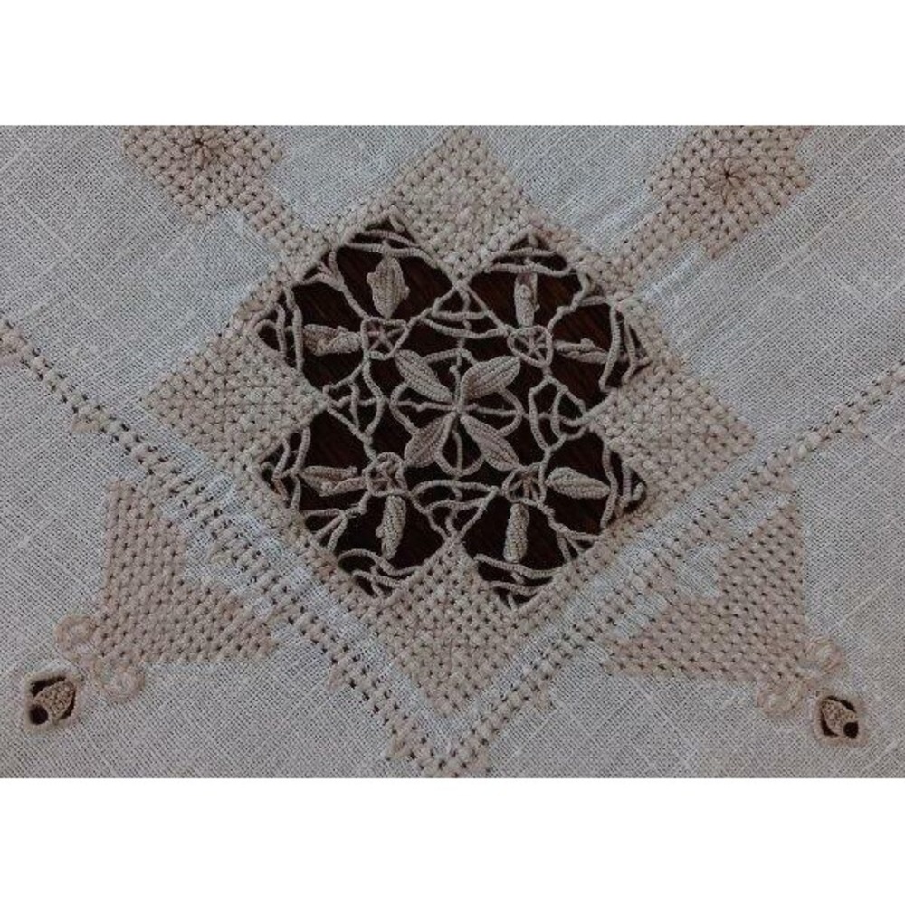 Antique Italian Needlelace Banquet Tablecloth Cutwork Ecru Embroidery Linen 108"